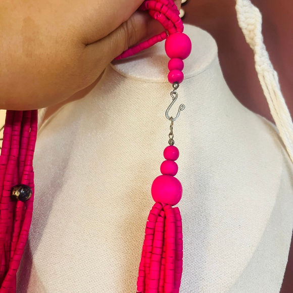 Vintage Heishe Beaded Layered Necklace | Colorful Pink Round Circle Pendant - Picture 8 of 8